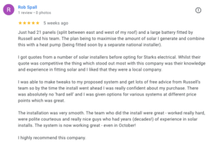 Google review from Mr Spall, after solar panel installation.