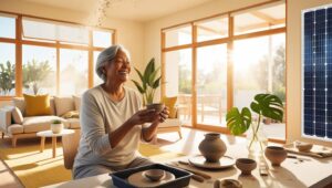 Image of a relaxed retiree enjoying a hobby in a sun-drenched living room. After having solar panels installed (2)