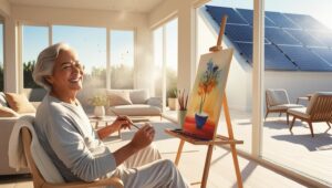 Retired person relaxing with solar panels installed in the background.