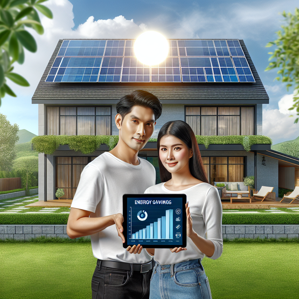 Solar panel image with married couple showing their sustainable energy source.