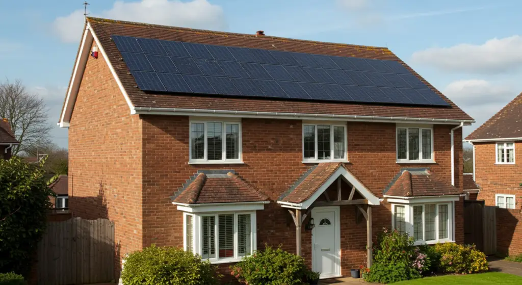 Is my roof suitable for solar panels? 19 Featured Image Prompt: "Photorealistic image of a welcoming, well-maintained detached house typical of Southern England (e.g., Hampshire brick style) under a bright, partly sunny sky. Sleek, modern solar panels which are all black are neatly installed across the main south-facing tiled roof slope. The perspective is slightly low, looking up at the house, conveying a positive and aspirational feeling about solar energy adoption. The garden is tidy."